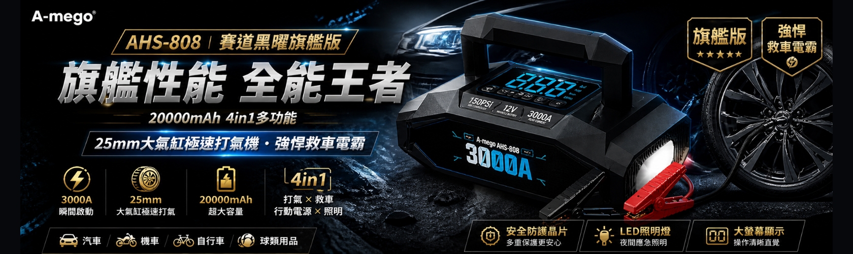 A-mego AHS-808｜賽道黑曜版旗艦登場｜20000mAh 4in1極速打氣・救車電霸 專為極限效能而生