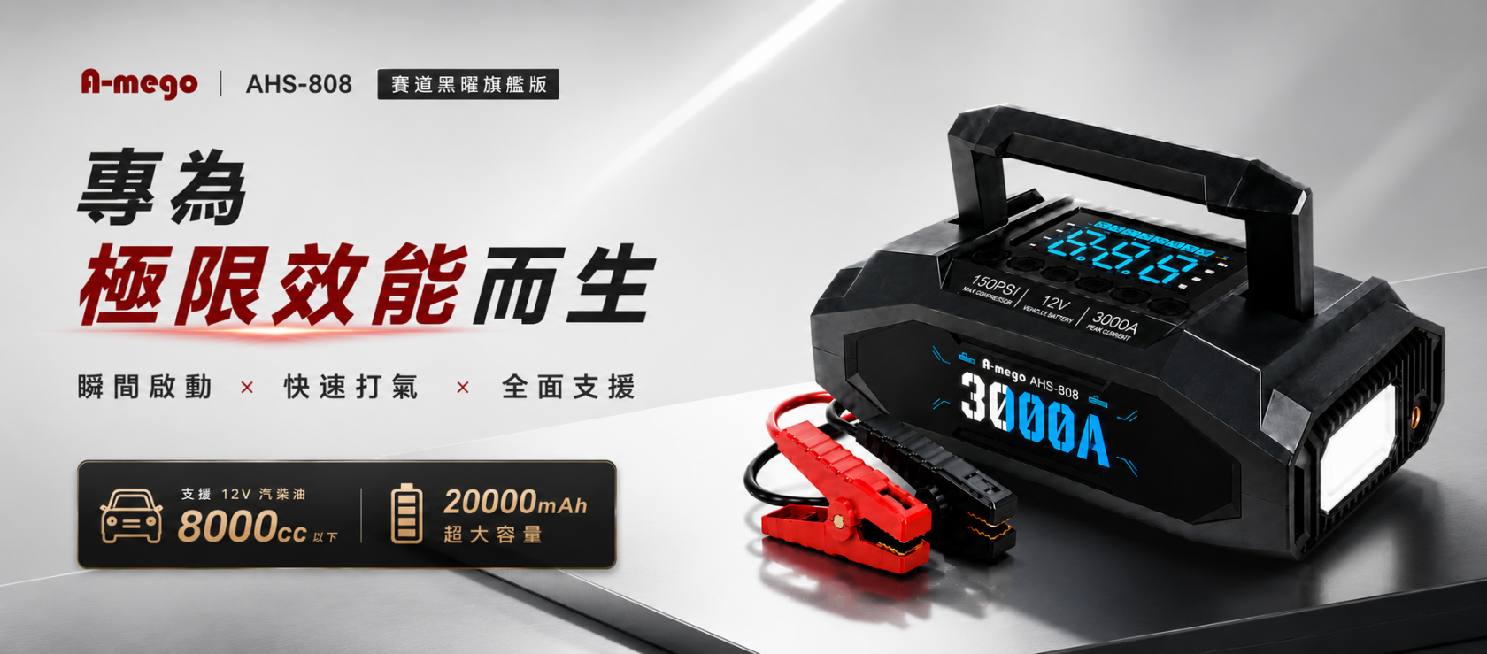 A-mego AHS-808｜賽道黑曜版旗艦登場｜20000mAh 4in1極速打氣・救車電霸 專為極限效能而生