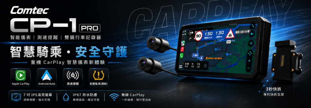 COMTEC CP-1 PRO 快拆版｜智慧機車 CarPlay 主機｜雙鏡頭行車記錄器・智慧儀表・測速提醒・TPMS 胎壓偵測