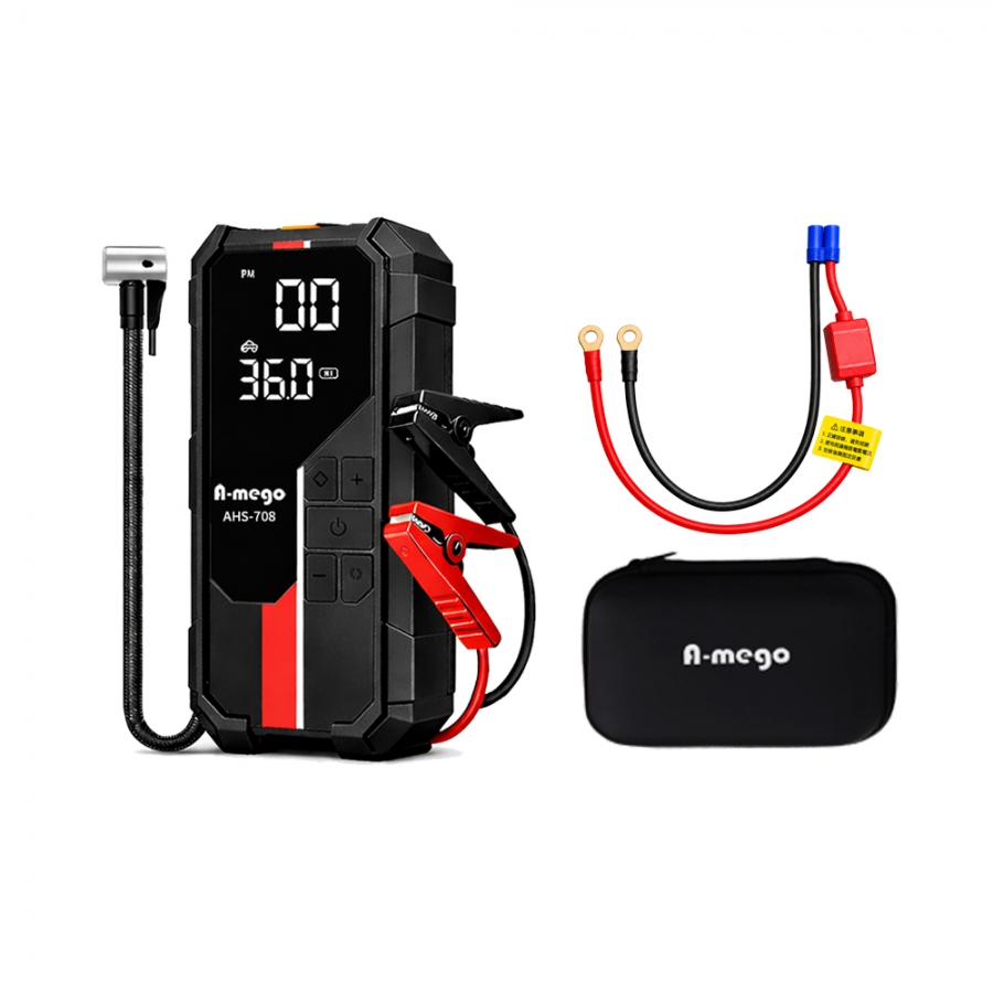 A-mego AHS-708 賽道Alpha版【汽機車救援組】12000mAh 4in1｜25mm打氣機 × 救車電霸｜含機車救車線